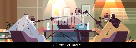 baladodiffusion arabe parlant à des microphones d'enregistrement de podcast en studio baladodiffusion radio en ligne concept Illustration de Vecteur