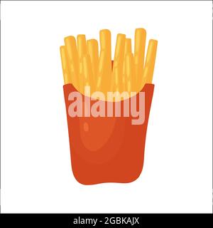 Frites de fast food dans l'emballage, illustration vectorielle de l'emballage de la collation de fastfood. Caricature de frites malsaines, menu de malbouffe pour le restaurant ou le café isolé sur blanc Illustration de Vecteur