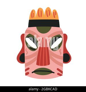 Masque rose Tiki, totem ethnique de l'illustration du vecteur de l'île tropicale. Modèle de masque de dessin animé, ancienne décoration de visage tribal en bois de Dieu tiki isolé sur blanc Illustration de Vecteur