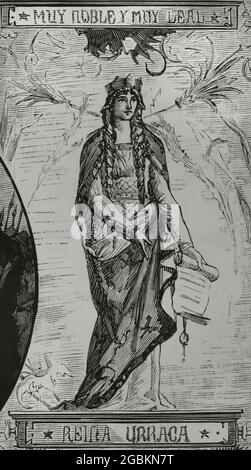 Urraca de Zamora (1033-1101). Infanta de Léon, hérita de la ville de Zamora après la partition ordonnée par son père, Ferdinand I de Léon, avant sa mort. Dessin de Ramón Padró. Tableaux décoratifs dans la salle de réunion du Palais provincial de Zamora. Gravure. La Ilustración Española y Americana, 1882. Banque D'Images