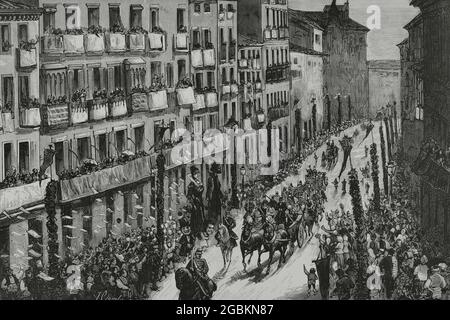 Espagne, Aragon, Huesca. Inauguration du chemin de fer Canfranc. Entrée du roi Alfonso XII (1857-1885) dans la ville de Huesca, le 22 octobre 1882. Dessin de Juan Comba. Gravure de Tomás Carlos Capuz. La Ilustración Española y Americana, 1882. Banque D'Images