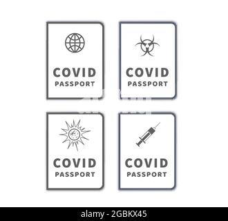 Ensemble de différents passeports de vaccination COVID-19 icônes simples sur blanc Illustration de Vecteur