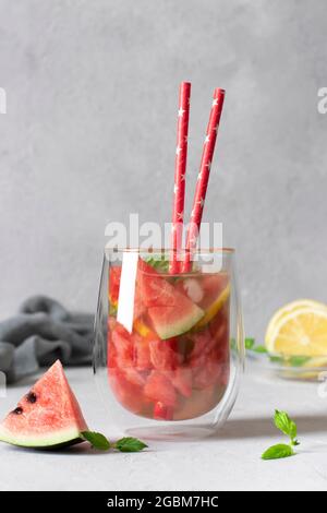 Cocktail Mojito au melon d'eau brillant avec menthe, tranches de citron et paille à boire sur fond gris clair. Format vertical Banque D'Images