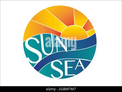 Modèle abstrait avec logo soleil et vagues de mer et texte: Soleil et mer. Logo de maquette de conception pour les voyages d'affaires. Logo vectoriel de l'agence de voyage Illustration de Vecteur