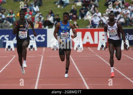 FALL Mouhamadou , ERIUS Jeff et ZEZE Ryan finale 100 m Mens lors des championnats d'athlétisme français 2021 le 25 juin 2021 au stade Josette et Roger Mikulak à Angers, France - photo Laurent Lairys / DPPI Banque D'Images