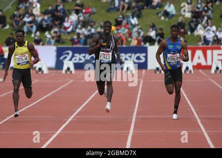 ZEZE Meba-Mickael , FALL Mouhamadou et ERIUS Jeff finale 100 m Mens lors des championnats d'athlétisme français 2021 le 25 juin 2021 au stade Josette et Roger Mikulak à Angers, France - photo Laurent Lairys / DPPI Banque D'Images