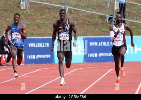 ERIUS Jeff , FALL Mouhamadou et ZEZE Ryan finale 200 m Mens lors des championnats d'athlétisme français 2021 le 25 juin 2021 au stade Josette et Roger Mikulak à Angers, France - photo Laurent Lairys / DPPI Banque D'Images