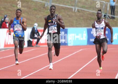 ERIUS Jeff , FALL Mouhamadou et ZEZE Ryan finale 200 m Mens lors des championnats d'athlétisme français 2021 le 25 juin 2021 au stade Josette et Roger Mikulak à Angers, France - photo Laurent Lairys / DPPI Banque D'Images