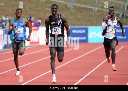 ERIUS Jeff , FALL Mouhamadou et ZEZE Ryan finale 200 m Mens lors des championnats d'athlétisme français 2021 le 25 juin 2021 au stade Josette et Roger Mikulak à Angers, France - photo Laurent Lairys / DPPI Banque D'Images