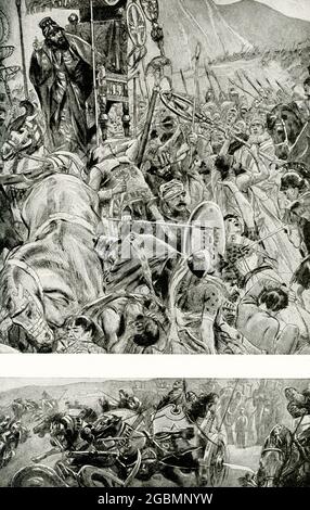 La légende de 1912 se lit comme suit : « vol du roi persan du Darius. Alexandre le Grand défait totalement une énorme armée persane à la bataille d'Isse, et dans cette photo (en haut), nous voyons Darius, le roi perse, fuyant dans son char, qui est presque entouré par les Grecs. Si confiant avait été de la victoire qu'il avait amené sa famille sur le champ de bataille pour voir la défaite des Grecs. Bas. Les chars des Perses, avec d'énormes couteaux attachés aux roues, avaient toujours frappé la terreur dans leurs ennemis; mais les Grecs les ont rendus inutiles en blessant les chevaux et les pilotes avec des flèches et des javelins. Banque D'Images