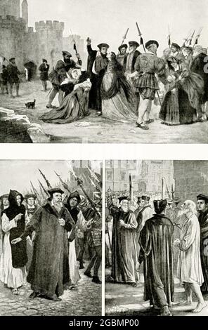 La légende de 1912 se lit comme suit : « trois martyrs de la réforme. Haut de la page : Sir Thomas More, qui a succédé au cardinal Wolsey en tant que Lord Chancelier d'Angleterre, était l'une des rares armées de martyrs pendant la période de la réforme. Il ne pouvait pas reconnaître Henry VIII comme chef de l'Église anglaise, et pour cela il a été envoyé à l'échafaudage. Sur cette photo, nous le voyons consoler sa fille après sa condamnation en bas à gauche: L'archevêque Cranmer, qui avait signé une déclaration selon laquelle sa foi protestante était en erreur, se repentit ensuite et est allé à la mort avec audace, comme montré ici. La main qui a signé le document qu'il a tenu dehors à b Banque D'Images