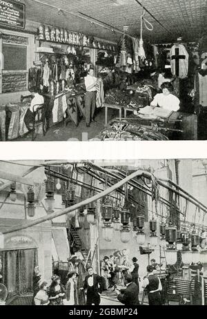 La légende de 1912 est la suivante : « Making Pictures Indoor. Top: Voici la salle d'une grande société de cinéma avec ses milliers de costumes, ainsi que des armes et des armures. Ici vous voyez des costumes pour les prêtres, les paysans, les courtisans et les soldats, en tant que nombres que les acteurs peuvent être fournis peu importe quand ou où la scène du jeu est posée. Les femmes douilleuses sont prêtes à modifier n'importe quel costume pour le rendre en forme, ou à en faire de nouveaux si nécessaire. Bas: C'est l'intérieur d'un grand studio d'images avec son enchevêtrement de fils et de tuyaux et ses nombreuses lumières. Comme vous le voyez deux différences Banque D'Images