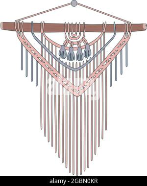 Macrame. Cordon, mur avec frange. Décoration intérieure élégante avec vos mains. Articles de vickerie faits main dans un style scandinave moderne. Isolé sur fond blanc. Illustration vectorielle avec contours Illustration de Vecteur