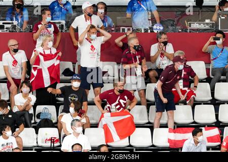 Shizuoka, Japon. 4 août 2021. Danemark fans Cyclisme : finale de l'équipe masculine de poursuite lors des Jeux Olympiques de Tokyo 2020 au Vélodrome d'Izu à Shizuoka, Japon . Credit: Shuraro Mochizuki/AFLO/Alamy Live News Banque D'Images