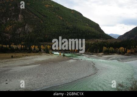 La jonction de deux petites rivières de montagne avec des rives rocheuses au pied d'une haute montagne. Confluent de Katun et Argut, Altaï, Sibérie, Russie. Banque D'Images