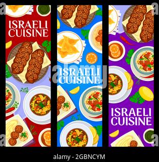 Banderoles vectorielles de cuisine israélienne avec viande et légumes, plats juifs avec dessert pain challah. Couscous d'agneau, falafels de pois chiches et bœufs de bœuf Illustration de Vecteur