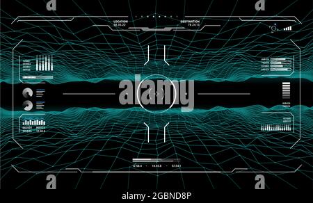 Commandes de visée de la cible HUD sur interface d'écran futuriste, arrière-plan du tableau de bord vectoriel. La cible HUD vise l'écran radar, le tableau de bord de jeu et le panneau de l'interface utilisateur suite Illustration de Vecteur