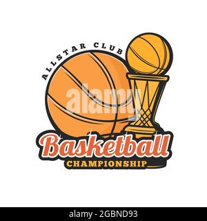 Icône de championnat de basket-ball, club de sport de streetball ou symbole de vecteur de ligue d'équipe. Icône du tournoi de basket-ball Victory Cup avec ballon de basket-ball et or Illustration de Vecteur