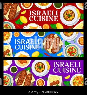 Banderoles de cuisine israélienne avec des plats de restaurant juifs, de viande vectorielle et de légumes. Falafels aux pois chiches, soupe au mazzo-ball et couscous d'agneau, doux au timbre Illustration de Vecteur
