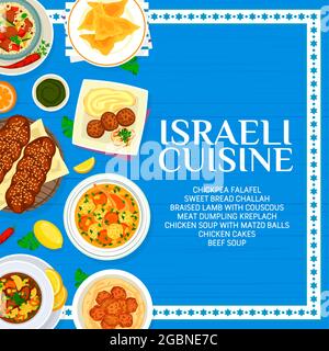 Le menu de cuisine israélienne comprend des plats vectoriels de viande et de légumes juifs. Falafels aux pois chiches, couscous d'agneau et soupe au mazzo-ball, cha au pain doux Illustration de Vecteur