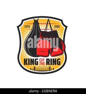 Icône du sport de boxe, club de kickboxing et emblème MMA des arts martiaux. Boîte ou Muay Thai luttant club de sport et centre d'entraînement signe avec le gant de boxeur Illustration de Vecteur