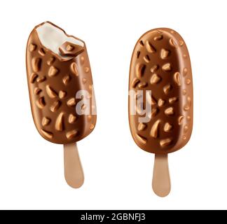 Glace eskimo au chocolat réaliste avec glaçage et noix. Dessert surgelé, produit laitier sucré ou barre de glace entière et mordue en 3d vectorielle avec sundae, Illustration de Vecteur