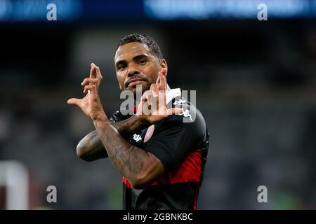 SYDNEY, AUSTRALIE - 15 MARS : Kwame Yeboah, de Western Sydney Wanderers, célèbre son but lors du match de football Hyundai A-League entre Western Sydney Wanderers FC et Wellington Phoenix le 15 mars 2021 au Bankwest Stadium de Sydney, en Australie. Credit: Damian Briggs/Speed Media/Alamy Live News Banque D'Images
