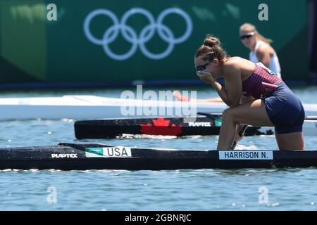 Tokio, Japon. 05 août 2021. Canoë : Jeux Olympiques, préliminaires, kayak simple, 200m, hommes, Demi-finale de la voie navigable Sea Forest. Nevin Harrison, des États-Unis, réagit après avoir remporté la médaille d'or. Credit: Jan Woitas/dpa/Alay Live News Banque D'Images