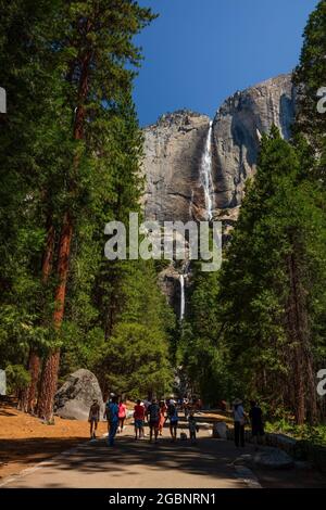 Chutes de Yosemite supérieure et inférieure vues depuis la piste d'automne de Yosemite inférieure, parc national de Yosemite, Californie Banque D'Images