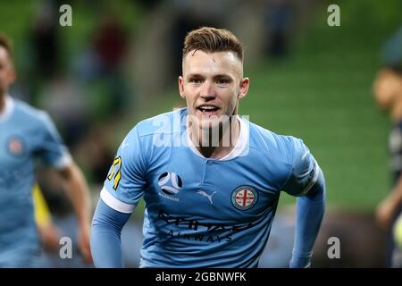 MELBOURNE, AUSTRALIE - 13 MAI : Scott Galloway, de Melbourne City, célèbre son but lors du match de football Hyundai A-League entre Melbourne City FC et Adelaide United le 13 mai 2021 à l'AAMI Park de Melbourne, en Australie. Crédit : Dave Helison/Speed Media/Alamy Live News Banque D'Images