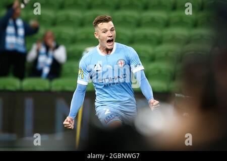 MELBOURNE, AUSTRALIE - 13 MAI : Scott Galloway, de Melbourne City, célèbre son but lors du match de football Hyundai A-League entre Melbourne City FC et Adelaide United le 13 mai 2021 à l'AAMI Park de Melbourne, en Australie. Crédit : Dave Helison/Speed Media/Alamy Live News Banque D'Images