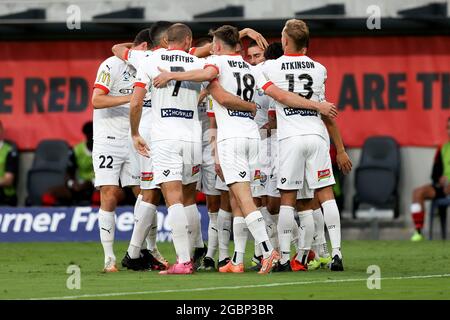 SYDNEY, AUSTRALIE - 02 MARS : Jamie Maclaren, de Melbourne City, marque un but et célèbre avec ses coéquipiers lors du match de football Hyundai A-League entre le Western Sydney Wanderers FC et le Melbourne City FC le 02 mars 2021 au Bankwest Stadium de Sydney, en Australie. (Photo par Speed Media/Icon Sportswire)Credit: Pete Dovgan/Speed Media/Alamy Live News Banque D'Images