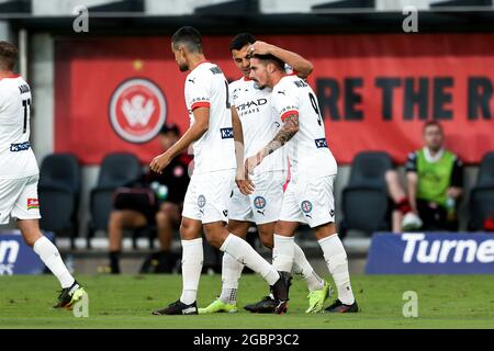 SYDNEY, AUSTRALIE - 02 MARS : Jamie Maclaren, de Melbourne City, marque un but et célèbre avec ses coéquipiers lors du match de football Hyundai A-League entre le Western Sydney Wanderers FC et le Melbourne City FC le 02 mars 2021 au Bankwest Stadium de Sydney, en Australie. (Photo par Speed Media/Icon Sportswire)Credit: Pete Dovgan/Speed Media/Alamy Live News Banque D'Images