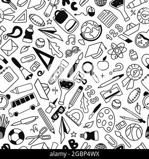 Motif sans couture avec articles d'école dessinés à la main et style graphique. Éléments de conception. Fournitures pour l'étude de la texture Illustration de Vecteur