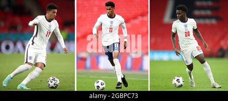 Fichier non daté photos de Jadon Sancho, Marcus Rashford et Bukayo Saka (de gauche à droite) en Angleterre. La police enquêtant sur les abus raciaux en ligne des joueurs d'Angleterre à la suite de la finale de l'Euro 2020 contre l'Italie a procédé jusqu'à présent à 11 arrestations. Rashford, Sancho et Saka ont été victimes d'abus après avoir manqué des sanctions lors de la défaite de Wembley le mois dernier. Date de publication : jeudi 5 août 2021. Banque D'Images