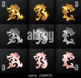 Une illustration vectorielle du monogramme Golden Dragon lettre initiale ABC sur fond noir avec combinaison de couleurs or, argent et or rose Illustration de Vecteur