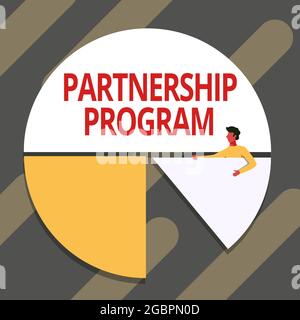 Inspiration pour le programme de partenariat Sign. Concept signification vendre les produits et services associés du vendeur est Man Drawing Holding Pie Chart Banque D'Images