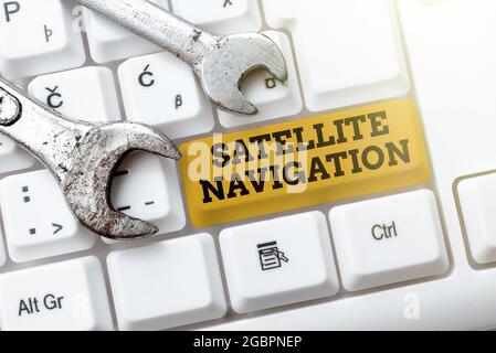 Texte d'écriture navigation par satellite. Système de concept d'affaires fournissant un positionnement géospatial autonome création d'un nouveau concept de jeu de typage, Résumé Banque D'Images