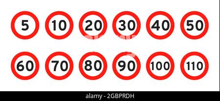 Limite de vitesse 5, 10, 15, 20, 30, 40, 50, 60, 70, 80, 90, 100 route ronde icône de signalisation plate style design vecteur illustration ensemble isolé sur blanc ba Illustration de Vecteur