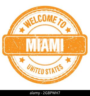 BIENVENUE À MIAMI - ÉTATS-UNIS, mots écrits sur timbre orange grungy Banque D'Images