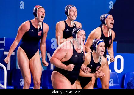 Tokyo, Japon. 05 août 2021. TOKYO, JAPON - AOÛT 5 : l'équipe des États-Unis célèbre, Aria Fischer des États-Unis, Melissa Seidemann des États-Unis, Paige Hauschild des États-Unis, Stephania HARALABIDIS des États-Unis, Kaleigh Gilchrist des États-Unis lors du tournoi de water-polo olympique de Tokyo 2020 les femmes se disputent entre l'équipe ROC et l'équipe des États-Unis au Tatsumi Waterpolo Centre le 5 août 2021 à Tokyo, Japon (photo de Marcel ter Pals/Orange Pictures) Credit: Orange pics BV/Alay Live News Banque D'Images