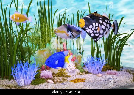 Illustration artistique en 3D des poissons tropicaux Banque D'Images