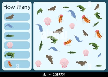 Mini jeu mathématique pour enfants - comptez combien d'animaux de mer - éléphant de mer, narorque, poisson-chat, doit, tortue, méduses. Jeux éducatifs pour enfants. Modèle de dessin animé sur fond coloré. Illustration de Vecteur