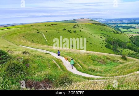 Brighton UK 5 août 2021 - les marcheurs pour chiens profitent d'un mélange de soleil et de nuages à Devils Dyke juste au nord de Brighton le long de la South Downs Way mais le temps humide et venteux est prévu pour plus tard dans la journée et le reste de la semaine dans toute la Grande-Bretagne : Credit Simon Dack / Alamy Live News Banque D'Images