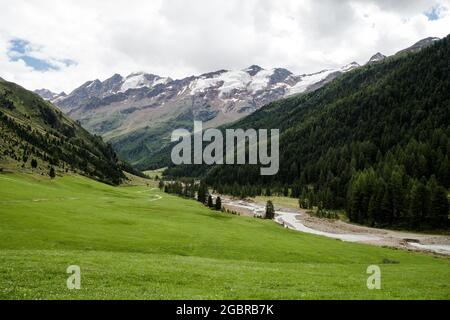 Vue panoramique sur une belle forêt avec la montagne Weisskugel en arrière-plan Banque D'Images