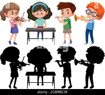 Ensemble de différents enfants jouant des instruments de musique avec illustration de silhouette Illustration de Vecteur