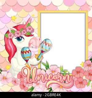 Bannière vide avec le joli personnage de dessin animé unicorn sur l'illustration des échelles de sirène pastel Illustration de Vecteur