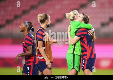 Kashima, Japon. 05 août 2021. Les joueurs des États-Unis célèbrent leur victoire et leur médaille de bronze lors du match de Tokyo 2020 du tournoi de football olympique féminin entre l'Australie et les États-Unis au stade Ibaraki Kashima, à Kashima, au Japon. Crédit: SPP Sport presse photo. /Alamy Live News Banque D'Images