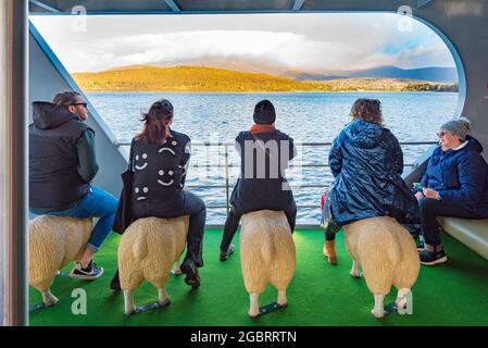 Certaines des places assises sur le ferry Mona Roma MR-1 qui vous emmène de Hobart au musée de l'ancien et du nouveau art (MONA) est un peu bizarre comme MONA lui-même Banque D'Images