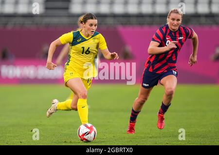 Kashima, Japon. 05 août 2021. Hayley Raso (16 Australie) va de l'avant lors du tournoi de football olympique féminin Tokyo 2020 entre l'Australie et les États-Unis au stade Ibaraki Kashima, Kashima, Japon. Crédit: SPP Sport presse photo. /Alamy Live News Banque D'Images